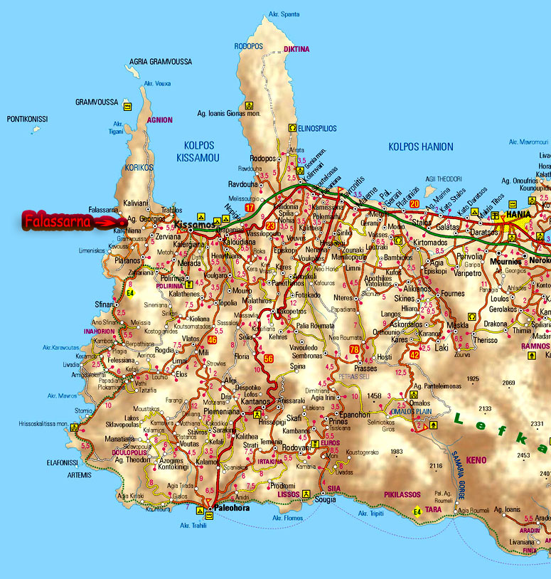 kaart.Falassarna mooi strand op Kreta