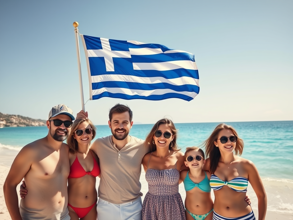 familie in Griekenland op een Grieks strand die de Griekse vlag dragen